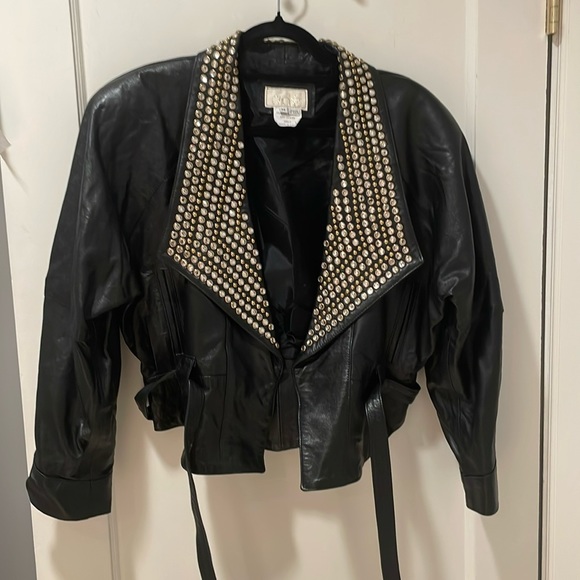80’s oversized cropped studded gold and sparkle leather jacket by cache Ty waist - Picture 1 of 6